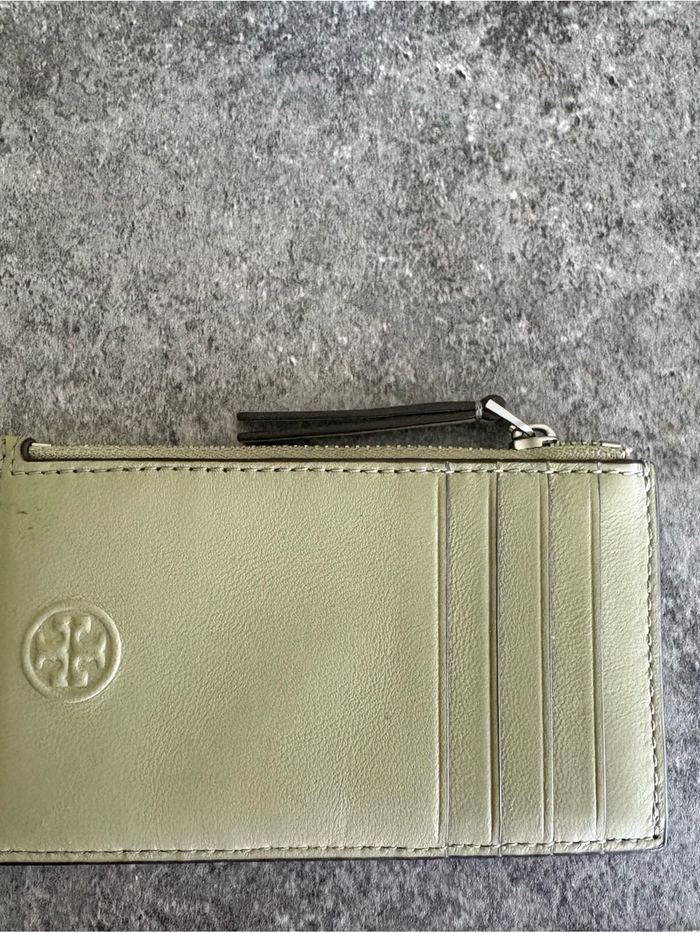 Tory Burch Sage Green Leather Card Wallet with Zip Pull